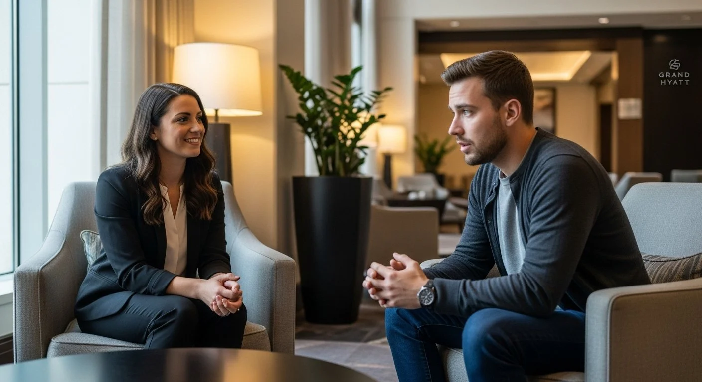 A woman and a man having a conversation in a hotel lobby, seated in armchairs with a lamp and plants in the background.