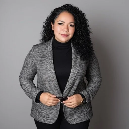 A woman with curly black hair, wearing a gray blazer over a black turtleneck, standing against a plain gray background.