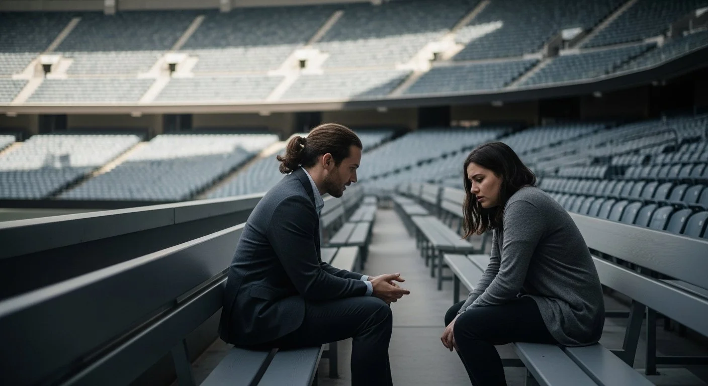 A man in a suit and a woman in casual clothing sitting on separate benches in an empty stadium, engaged in a serious conversation.