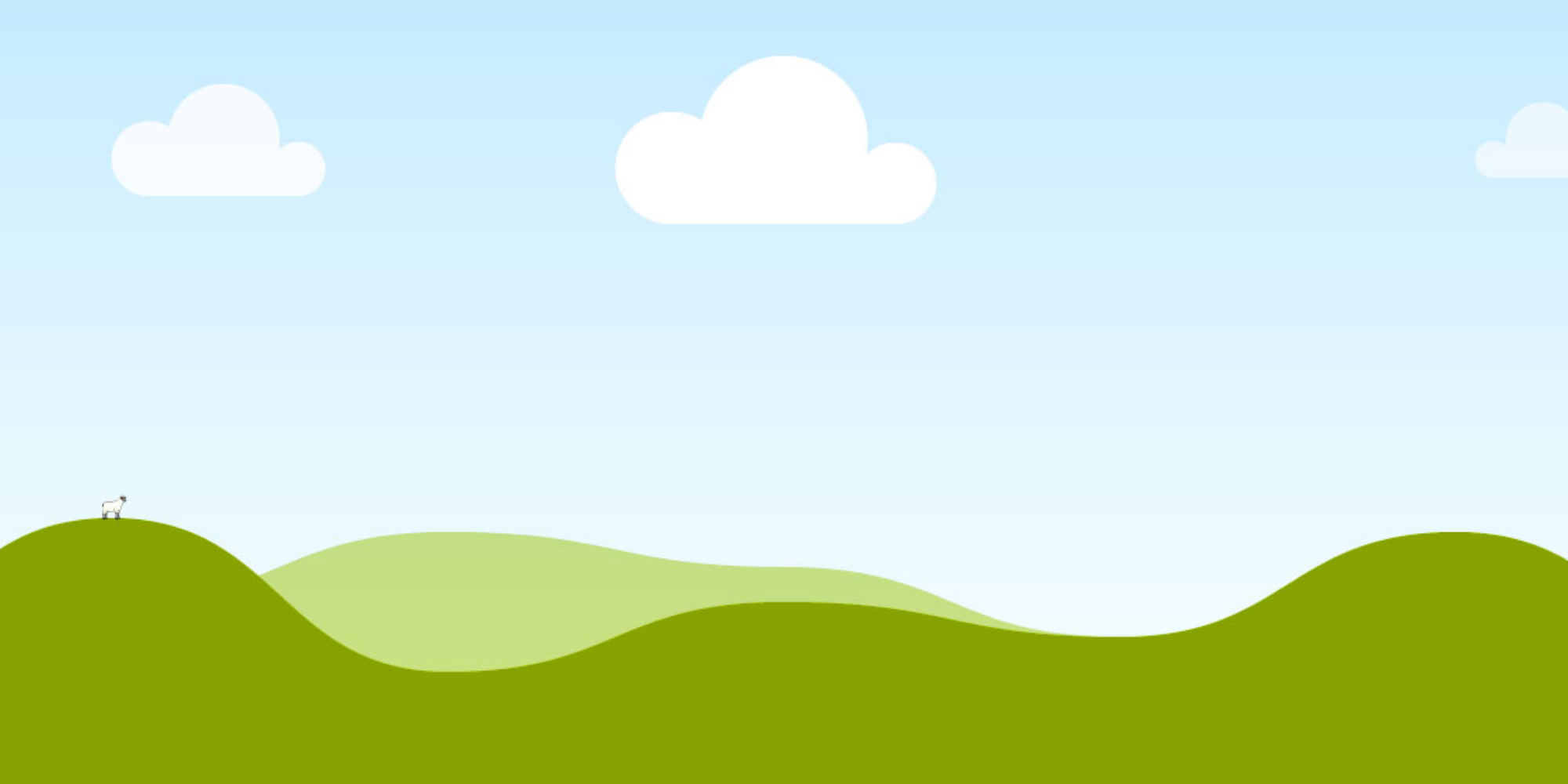 Simple landscape with green rolling hills, a small white goat on the left hill, a blue sky, and a few white clouds.