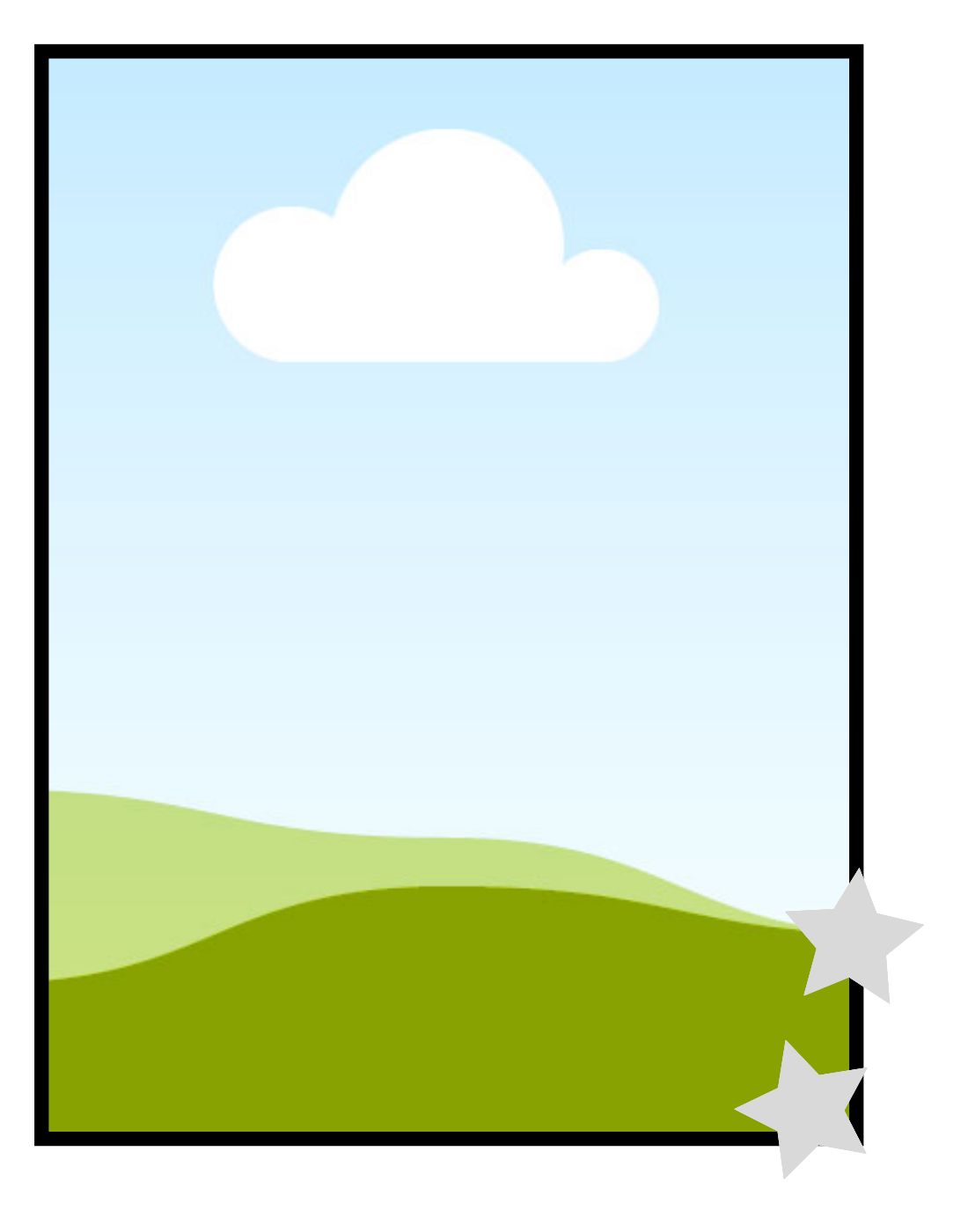 Illustration of a scenic landscape with green hills under a blue sky with a single white cloud.