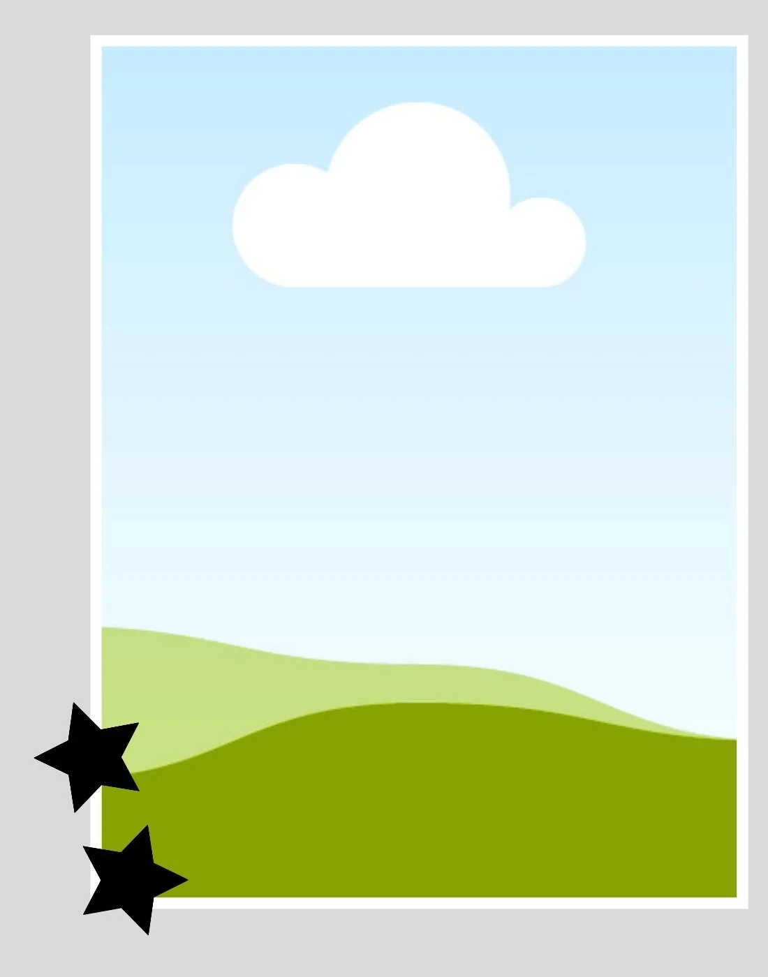 A simple digital illustration of a landscape with green rolling hills, a blue sky, a white cloud, and two black stars at the bottom left corner.