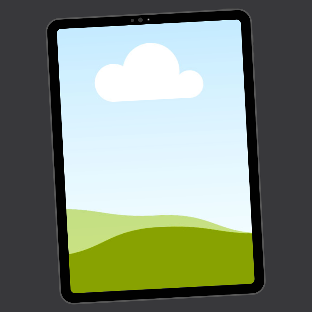 Digital illustration of a tablet displaying a bright blue sky with a white cloud and green rolling hills.