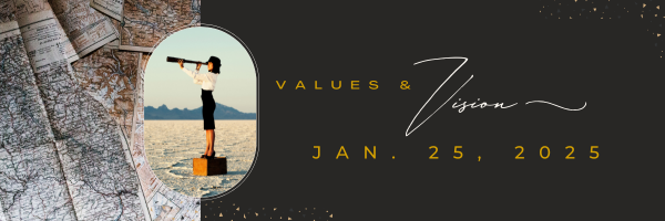 Event invitation with a map, a woman looking through a telescope at a beach, and text stating 'Values & Vision - Jan. 25, 2025'.