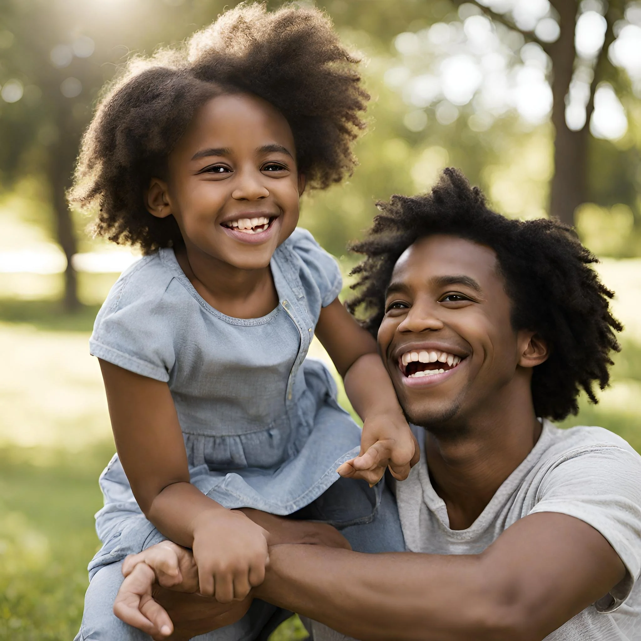 A smiling man and young girl playing outdoors in a park on a sunny day.