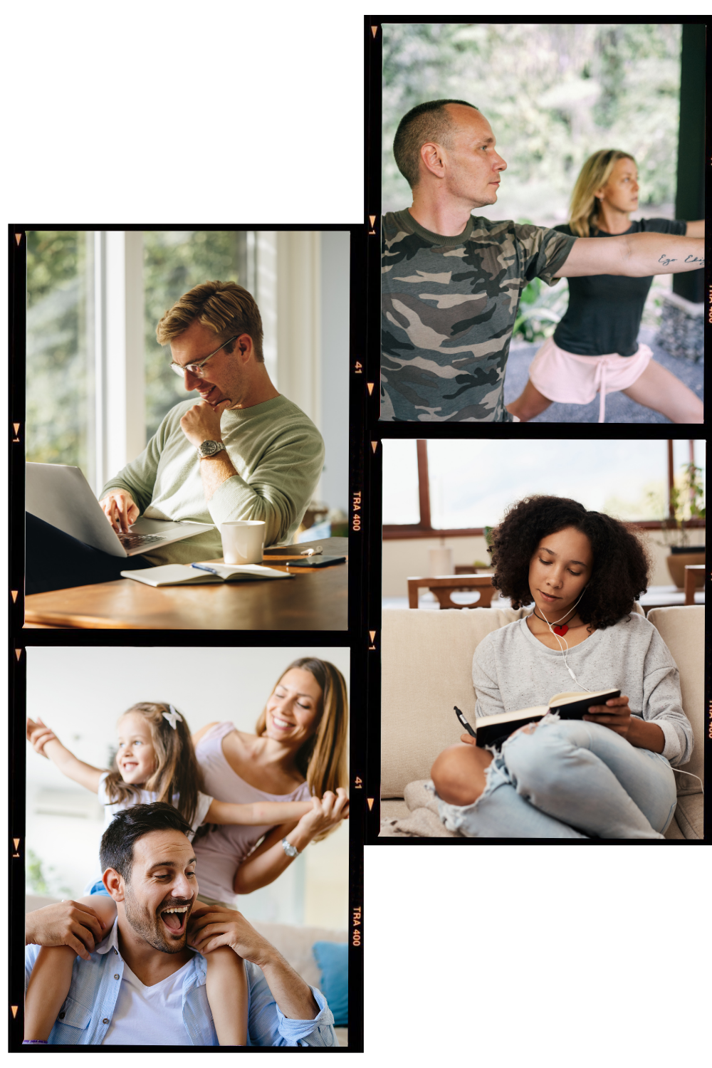 Collage of diverse people in different settings: a man working on a laptop, a man and woman doing yoga, a woman reading a book on a sofa, a woman with children laughing and playing.