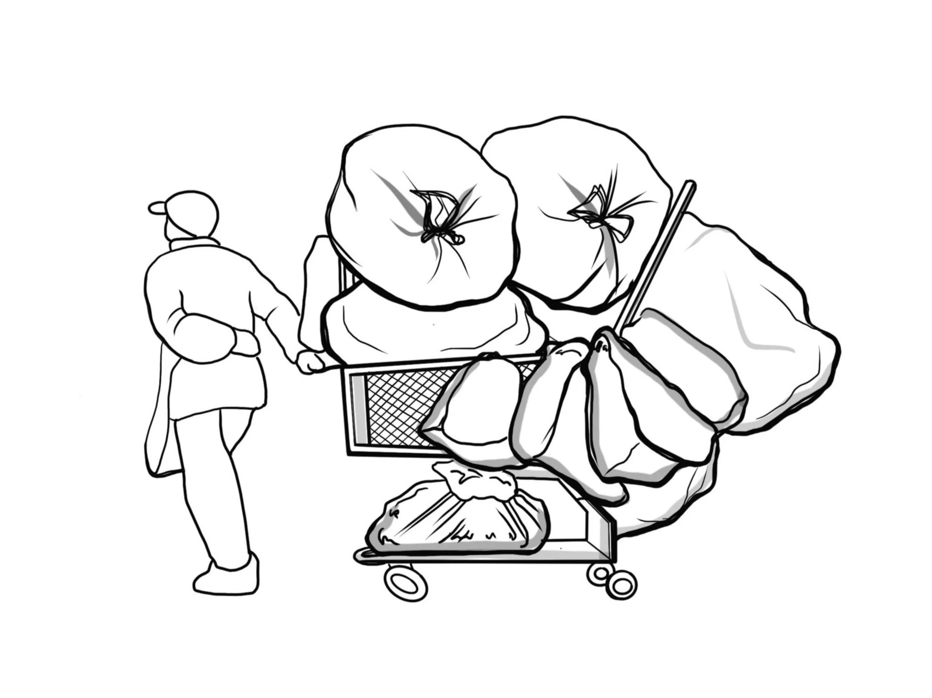 A woman shopping for produce with a cart filled with large bags and vegetables.