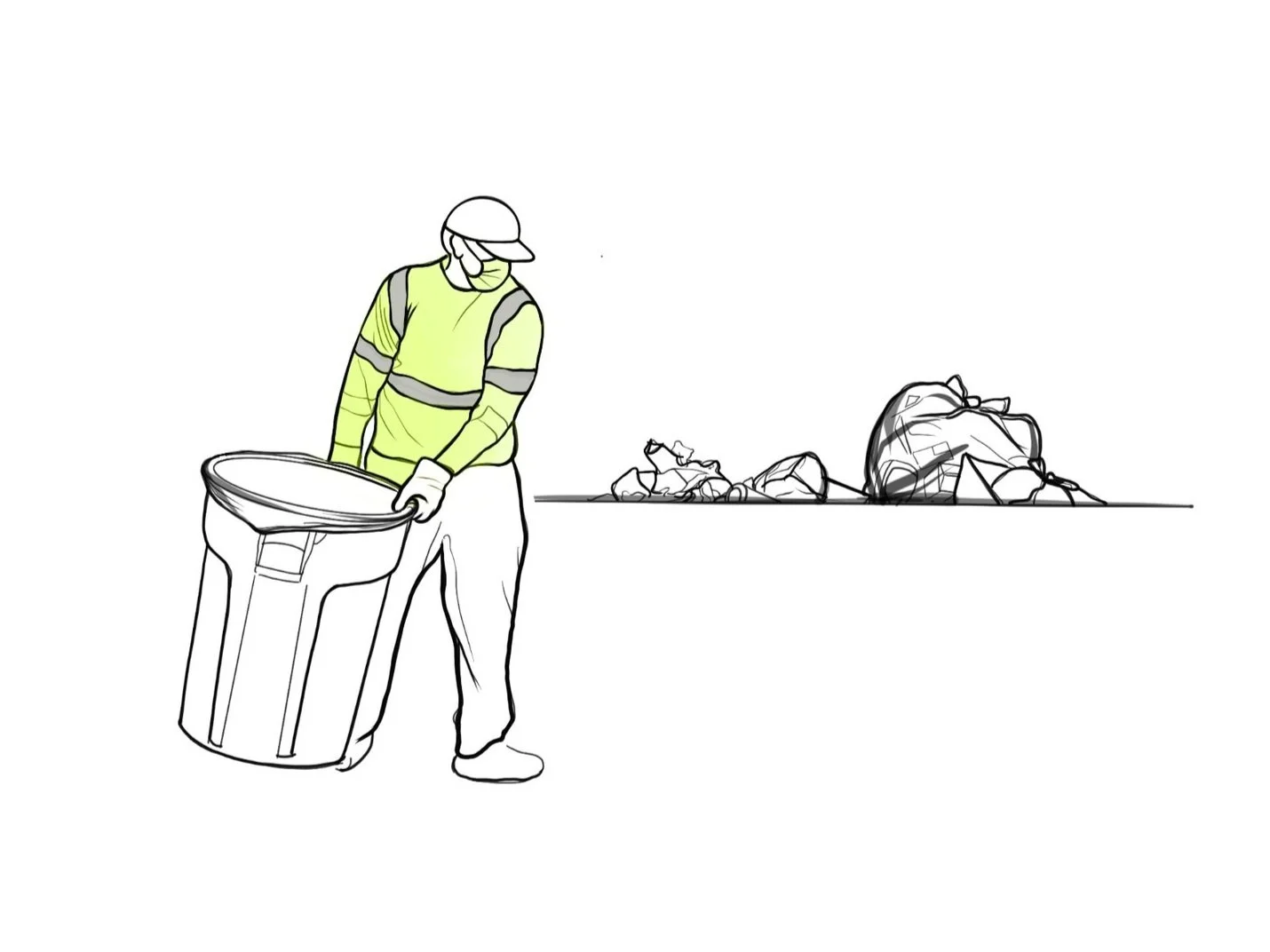A person wearing a high-visibility shirt, a cap, and a mask is emptying a trash can. There are garbage bags and trash on the ground nearby.