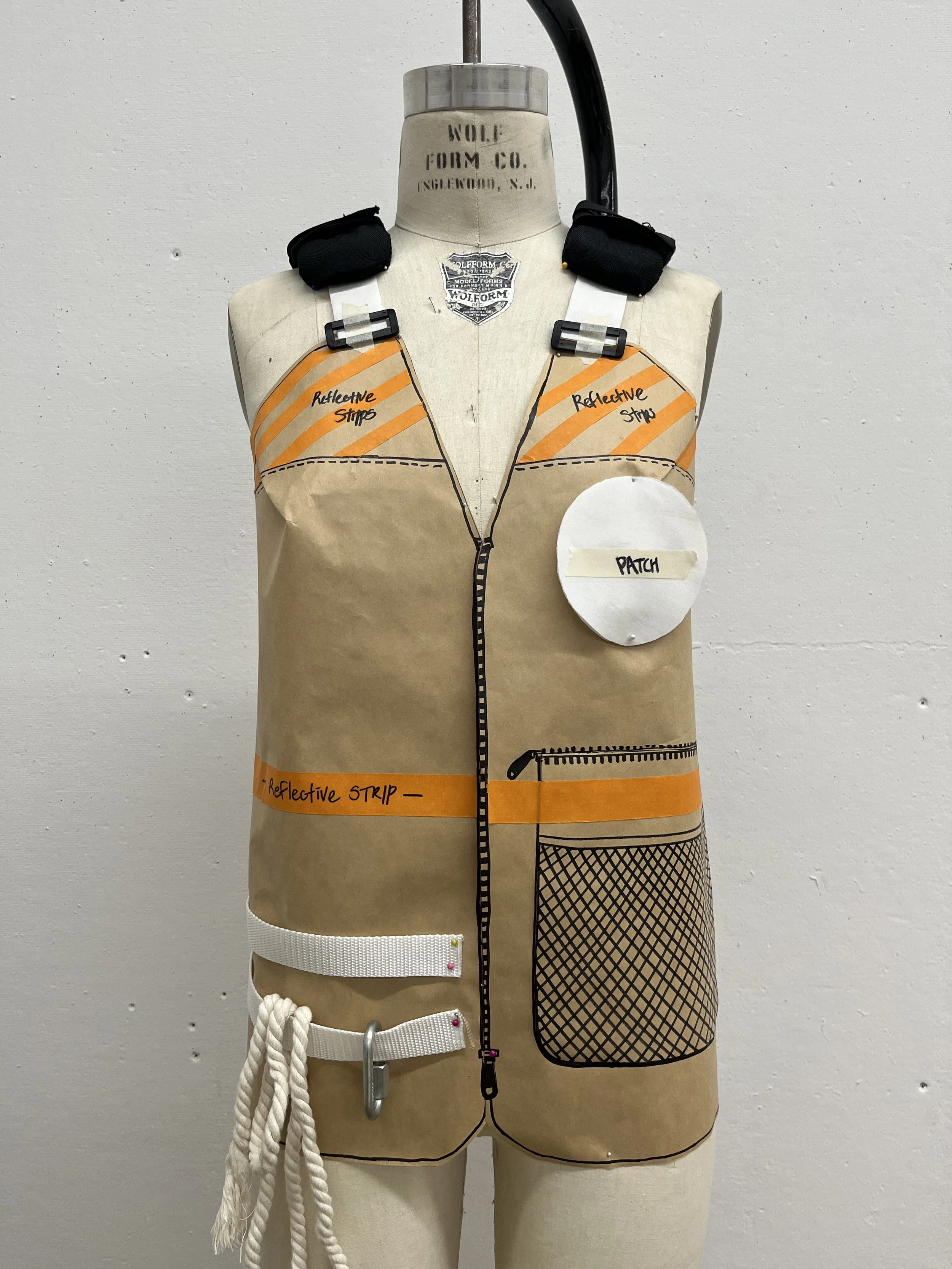 Mannequin dressed in a makeshift outfit resembling a construction worker's safety vest, with labels and stickers simulating reflective strips, zipper, pocket, and patch, made from paper and fabric materials.