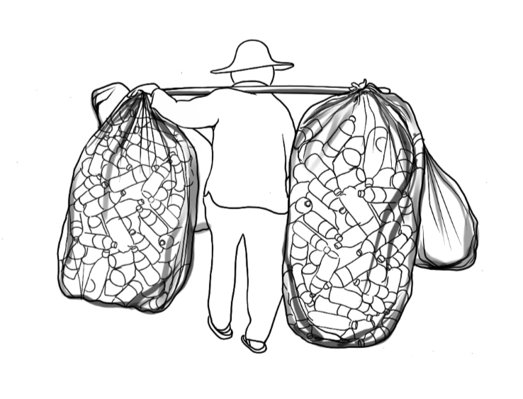 A person carrying two large bags filled with empty plastic bottles on a stick across their shoulders, wearing a wide-brimmed hat.