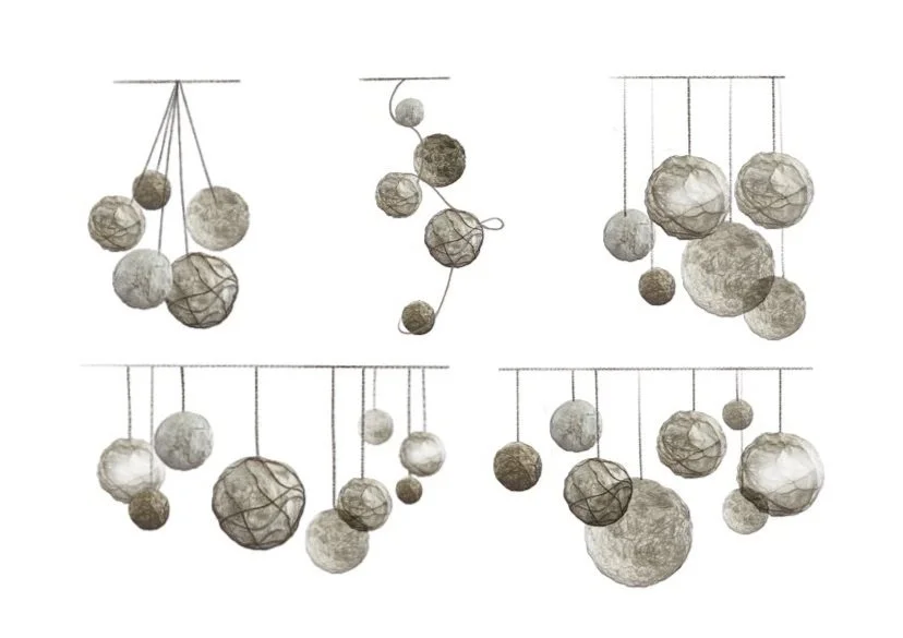 Sketches of various hanging lamps made from crumpled paper or similar material, arranged in different patterns and configurations.