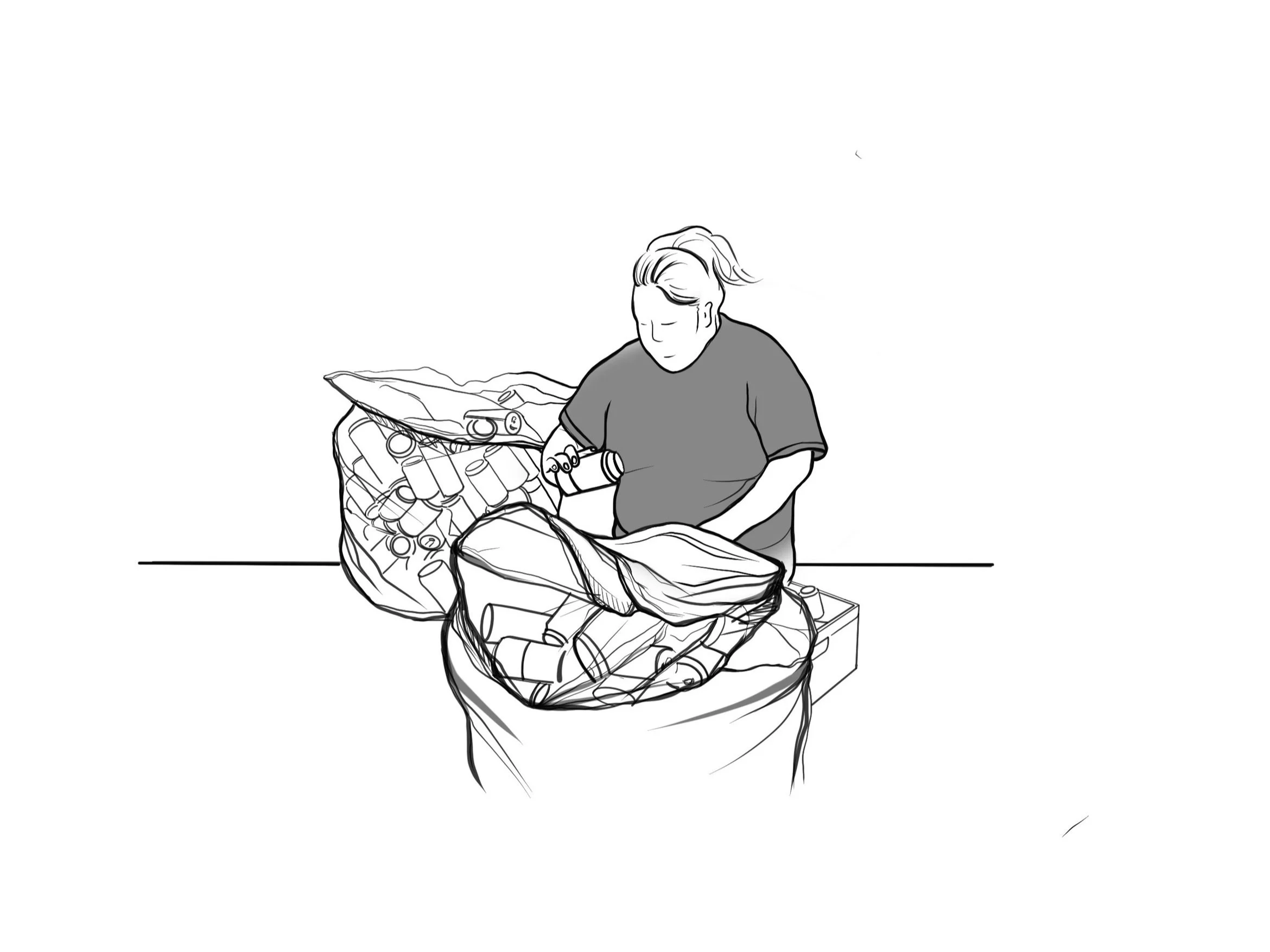 Person packing cans into a large bag