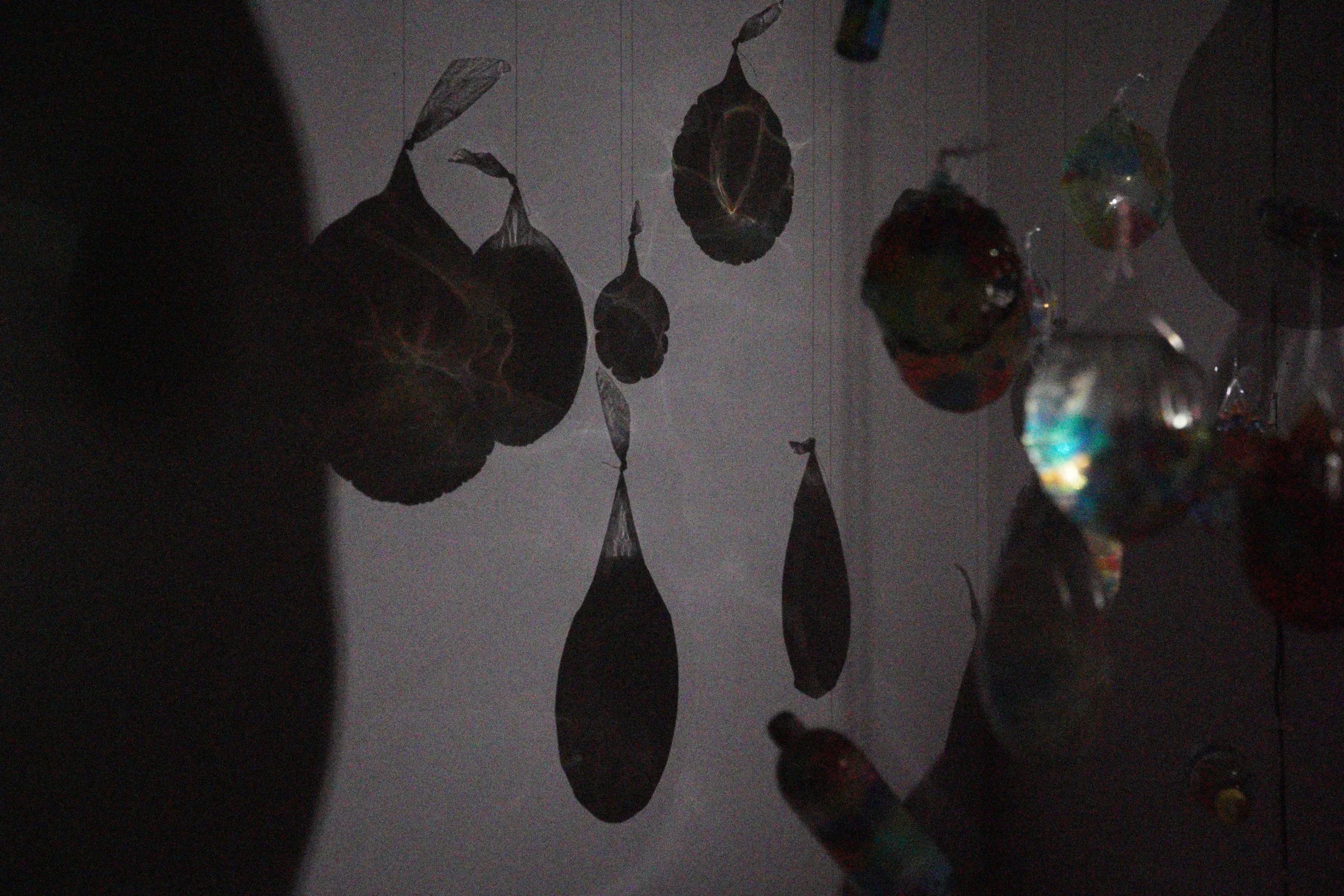 Dark silhouettes of ornaments or decorations hanging against a light-colored background.