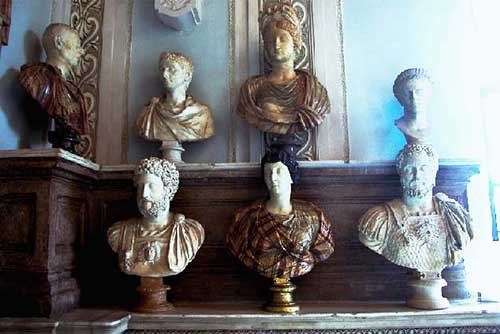 No. 16 Marble busts including Marcus Aurelius (bottom row left), Hall of Frescoes, Appartamento dei Conservatori, Museo Capitolino, Rome, 2004