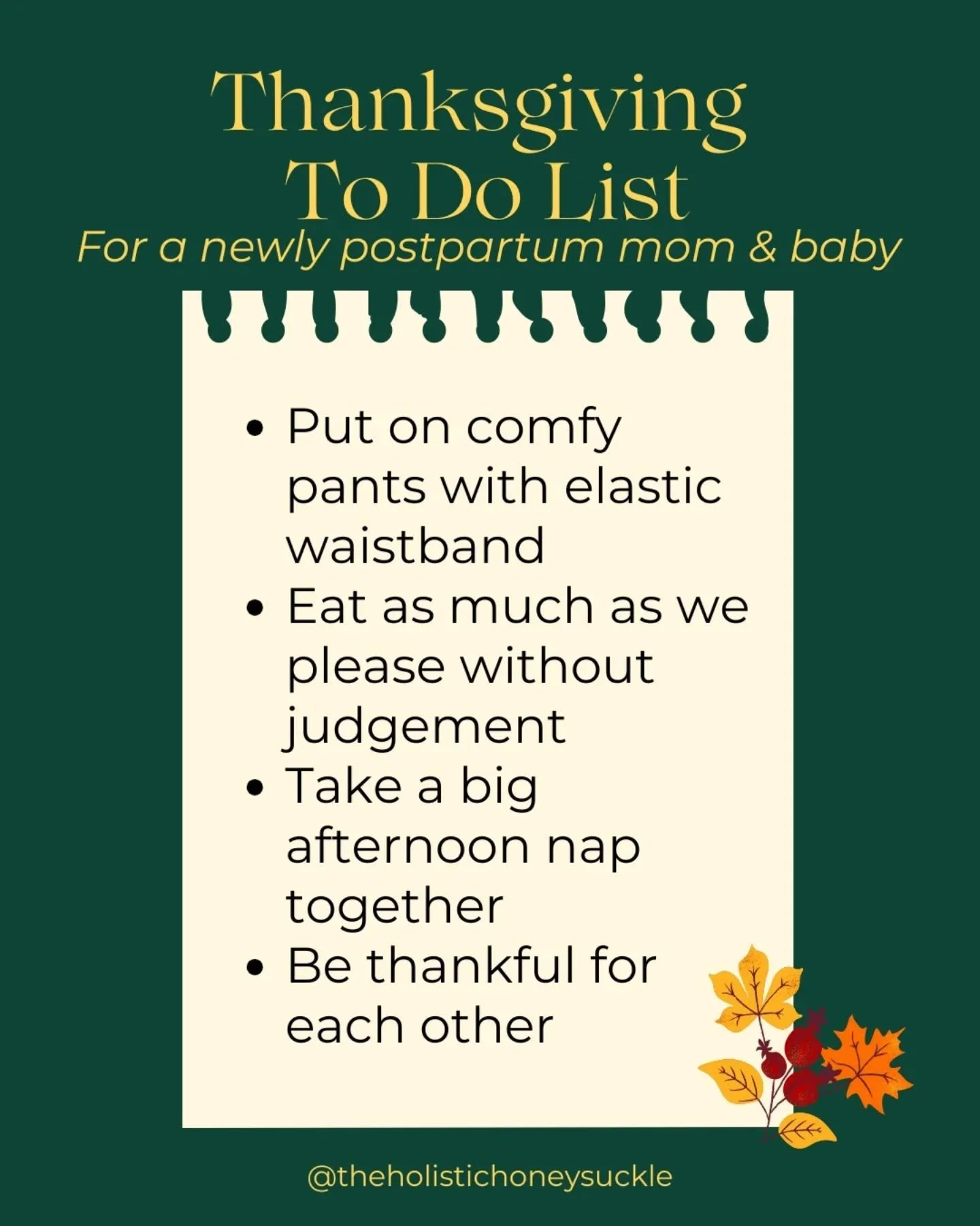 Happy Thanksgiving 🦃🧡

DM or email me for:
🧺 Postpartum doula availability in Upstate SC
🫜 Perinatal meal services
🤱🏼 Breastfeeding support now - virtually or in-person
💳 HSA/FSA accepted
📄 Super bills available for insurance reimbursement

F
