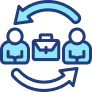 Icon of two people connected by arrows with a briefcase in between, indicating collaboration or business exchange.