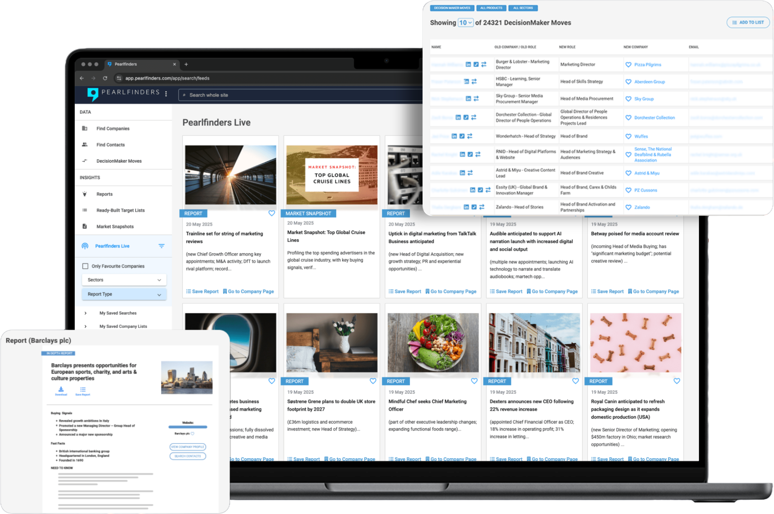 Pearlfinders dashboard showing decision-maker moves and buying signals