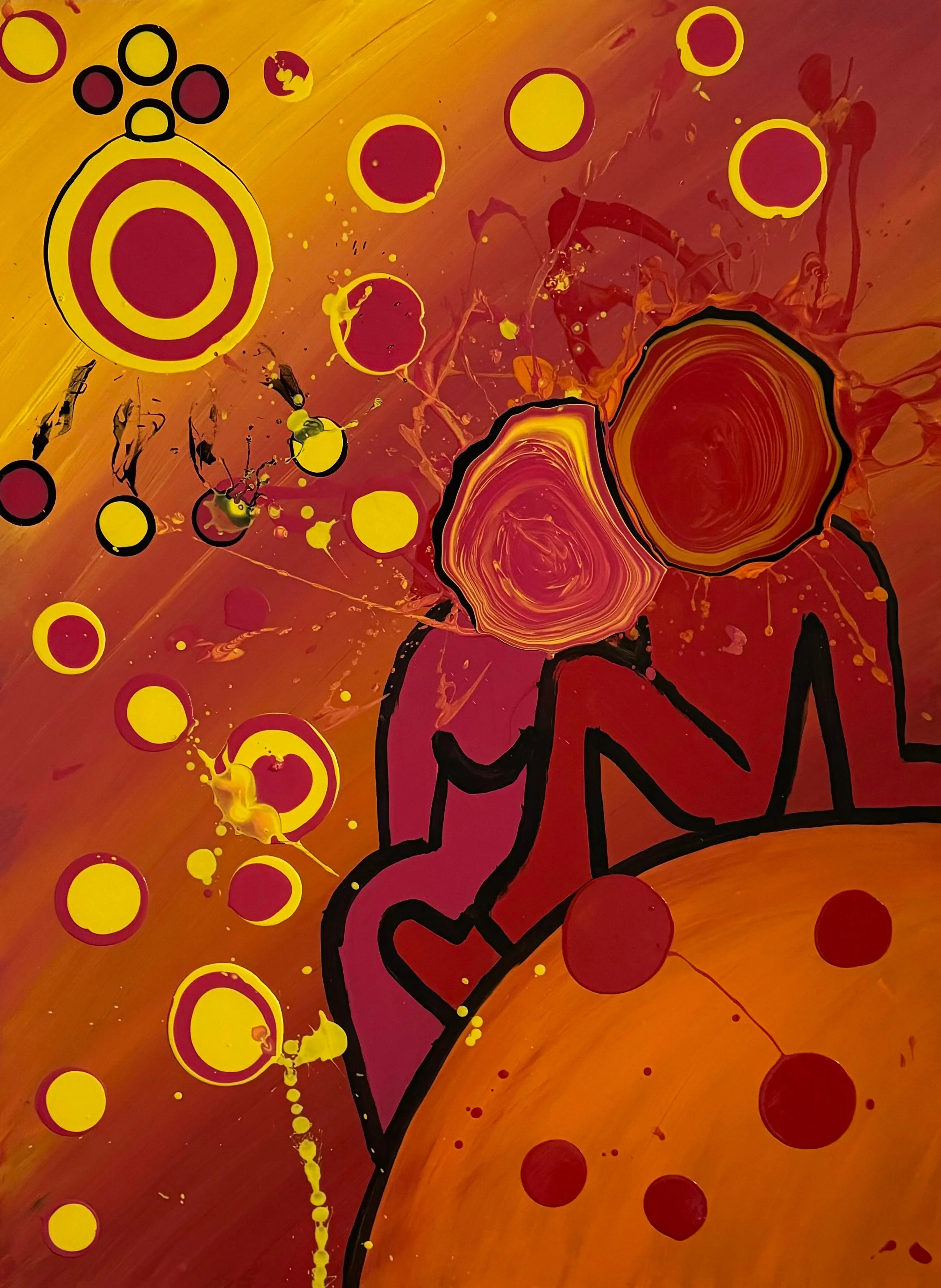 Abstract painting with orange, yellow, and red background, featuring black outlines of a person and multiple yellow circles with maroon outlines and some maroon dots.