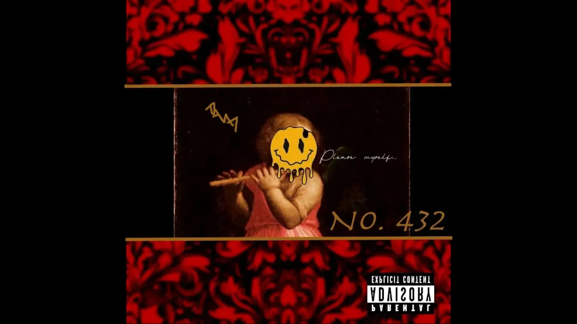 A collage featuring a child with a yellow cartoon face covering, holding a flute, with red and black decorative backgrounds and text reading "Please fulfill... NO. 432".