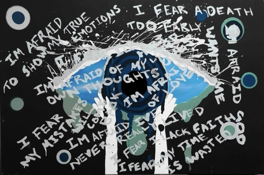 An eye in the center of the image, surrounded by handwritten text on a dark background. The text expresses fears and emotions such as fear of death, fear of the unknown, and fear of betrayal.