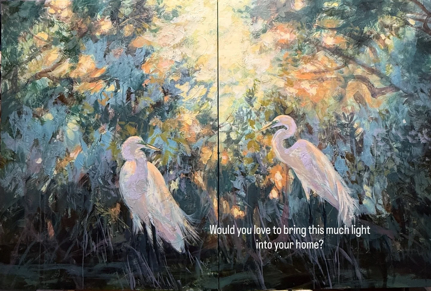 Imagine bringing this kind of light into your home. This painting does just that. Love painting these Great White Herons in a loose painterly style. Had some fun with AI in letting it animate it for me. #greatwhiteheron #whiteheron