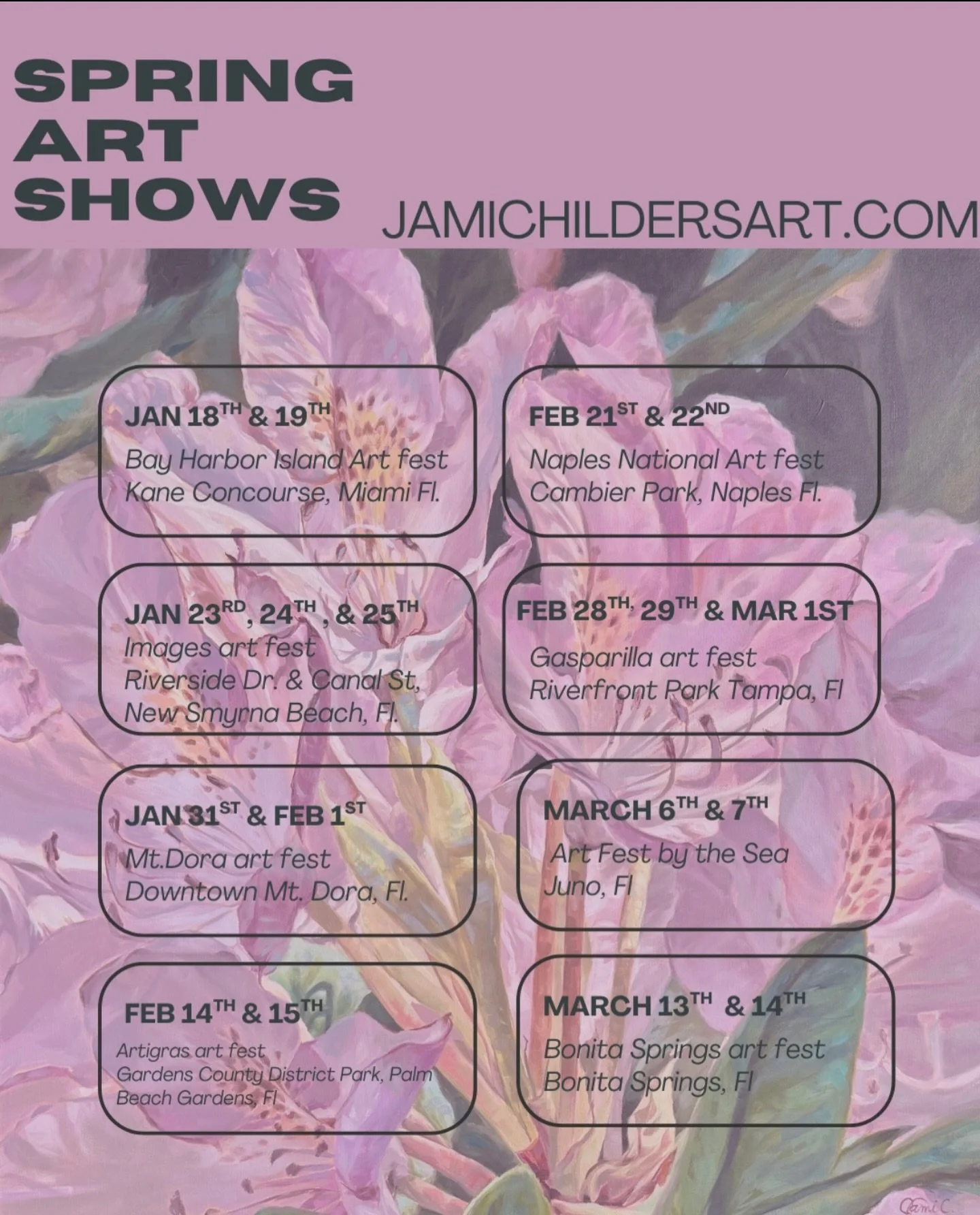 Here is my Spring schedule for art festival so you&rsquo;ll know where to find me! @bayharborislandsartsfestival @imagesafestivalofthearts @mtdoracenter4thearts @artigras @naplesartinstitute @gasparillaarts @artfestbythesea @centersforartsbonita