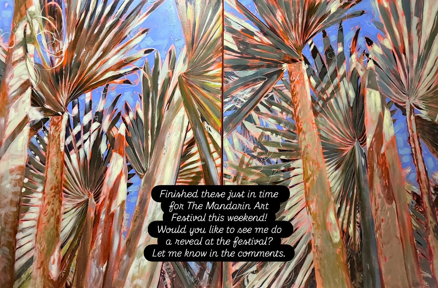 @mandarinartfestival here I come! I&rsquo;ll be showcasing this Fabulous Fronds Duo this weekend! #palmsunday #palms #palmspringsca #coastline #coastalcottage