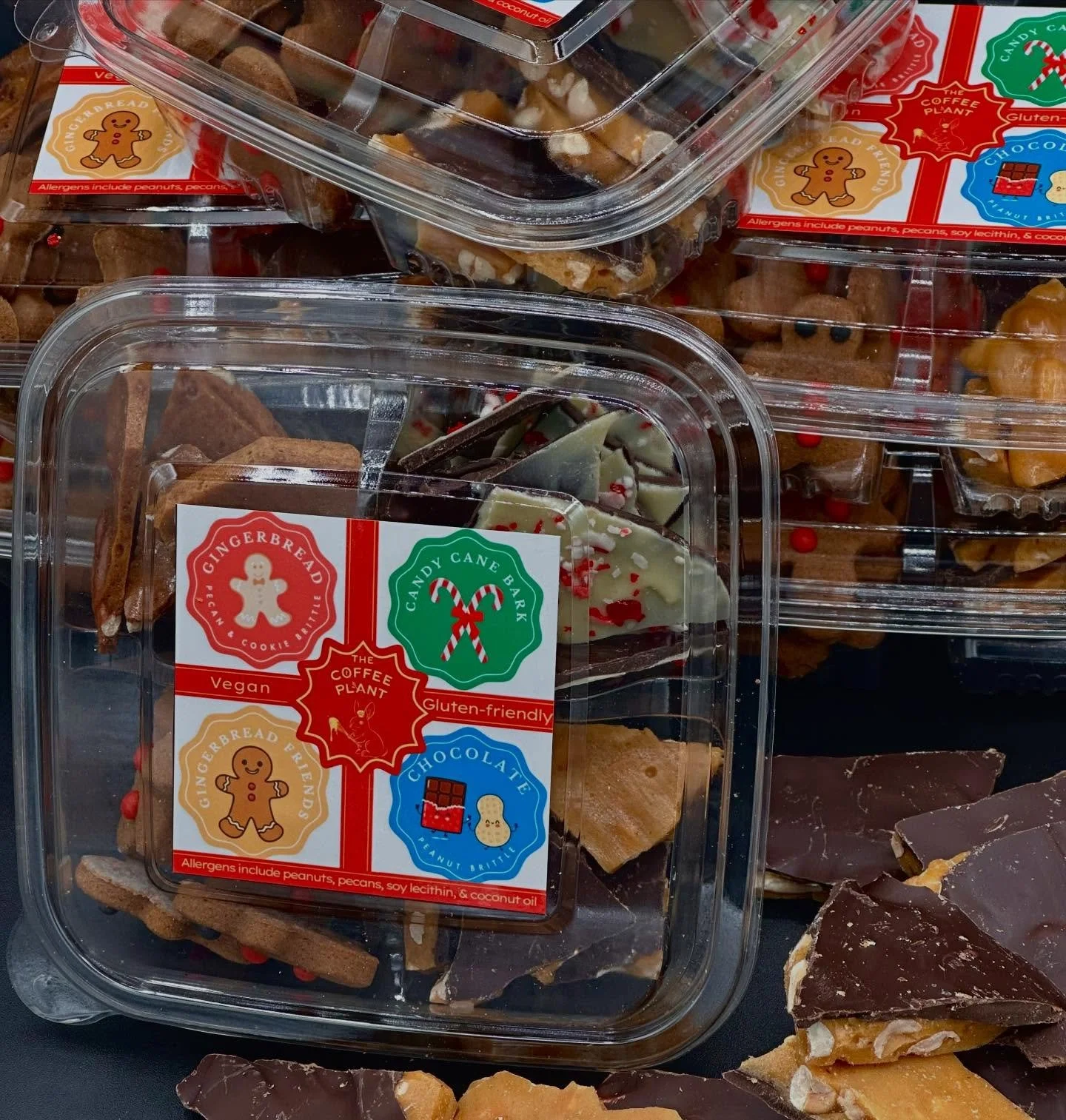 Who doesn&rsquo;t love brittle &amp; bark? If that person exists, we haven&rsquo;t met them!

Available now @daughtersgeneralstore , our Gingerbread Pecan Brittle, dark Chocolate Peanut Brittle, &amp; Candy Cane Bark are all vegan &amp; gluten-friend