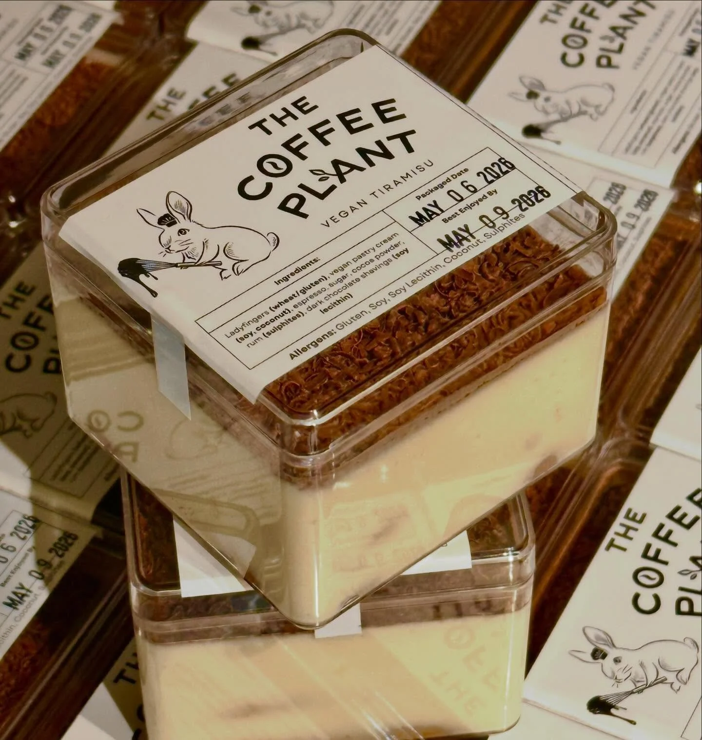 Introducing, our Vegan Tiramisu ☕️ 🍫

Fresh, house-made ladyfingers soaked in espresso &amp; rum, layered with a light &amp; creamy vanilla vegan mascarpone custard, topped with cocoa powder and dark chocolate shavings 🤤 

Find them in our @rabbitf