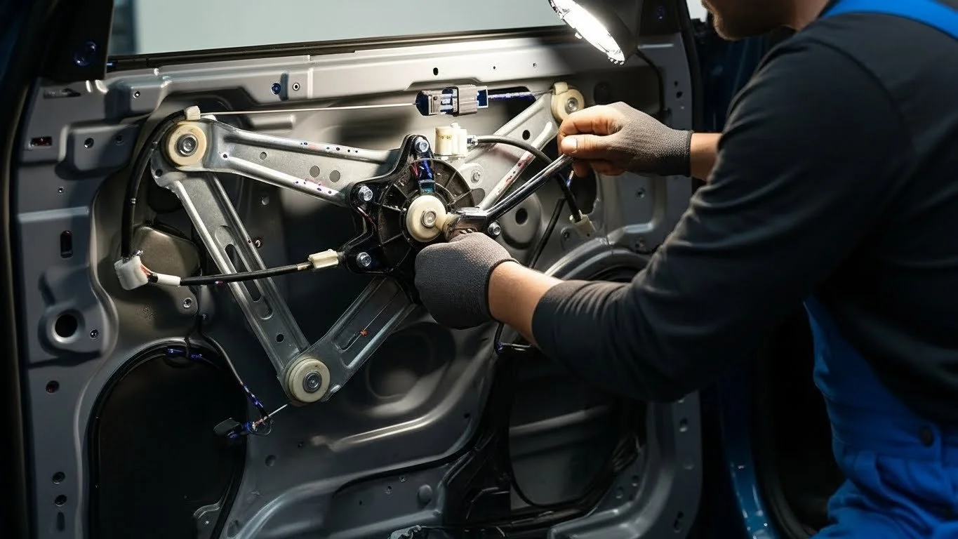A mechanic working on the inside of a car door, using tools to repair or install components.