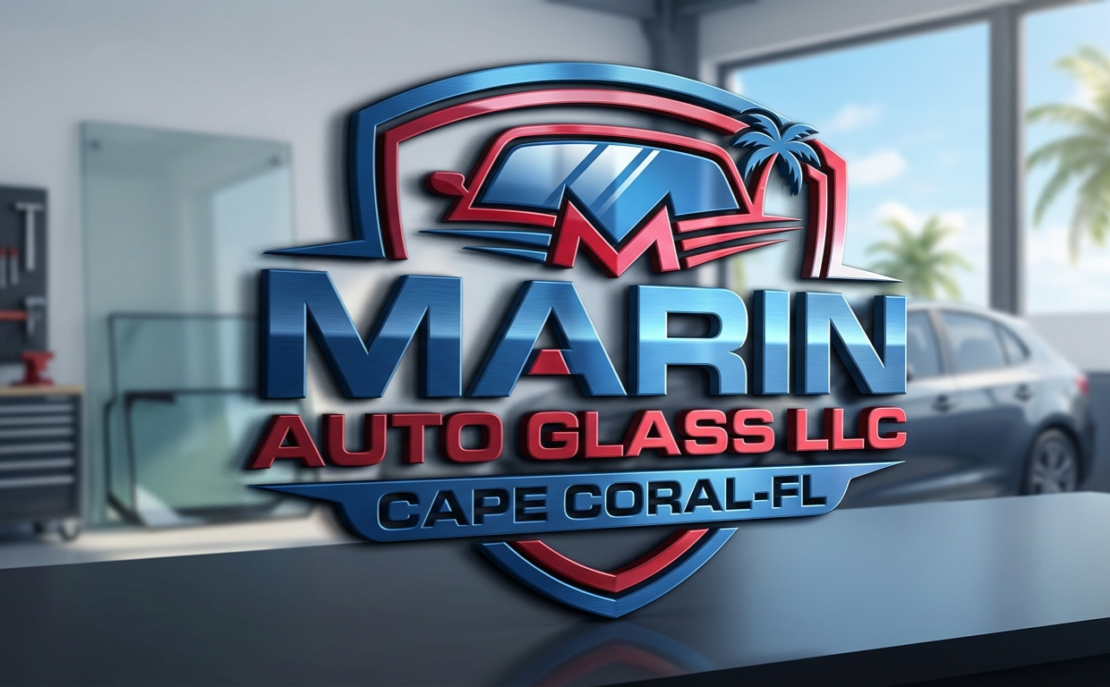 Logo for Marin Auto Glass LLC in Cape Coral, Florida, featuring a shield design with blue and red colors, a car, and a palm tree.
