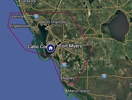 Map showing the area around Fort Myers, Cape Coral, Naples, and Marco Island in Florida, including major highways and surrounding bodies of water.