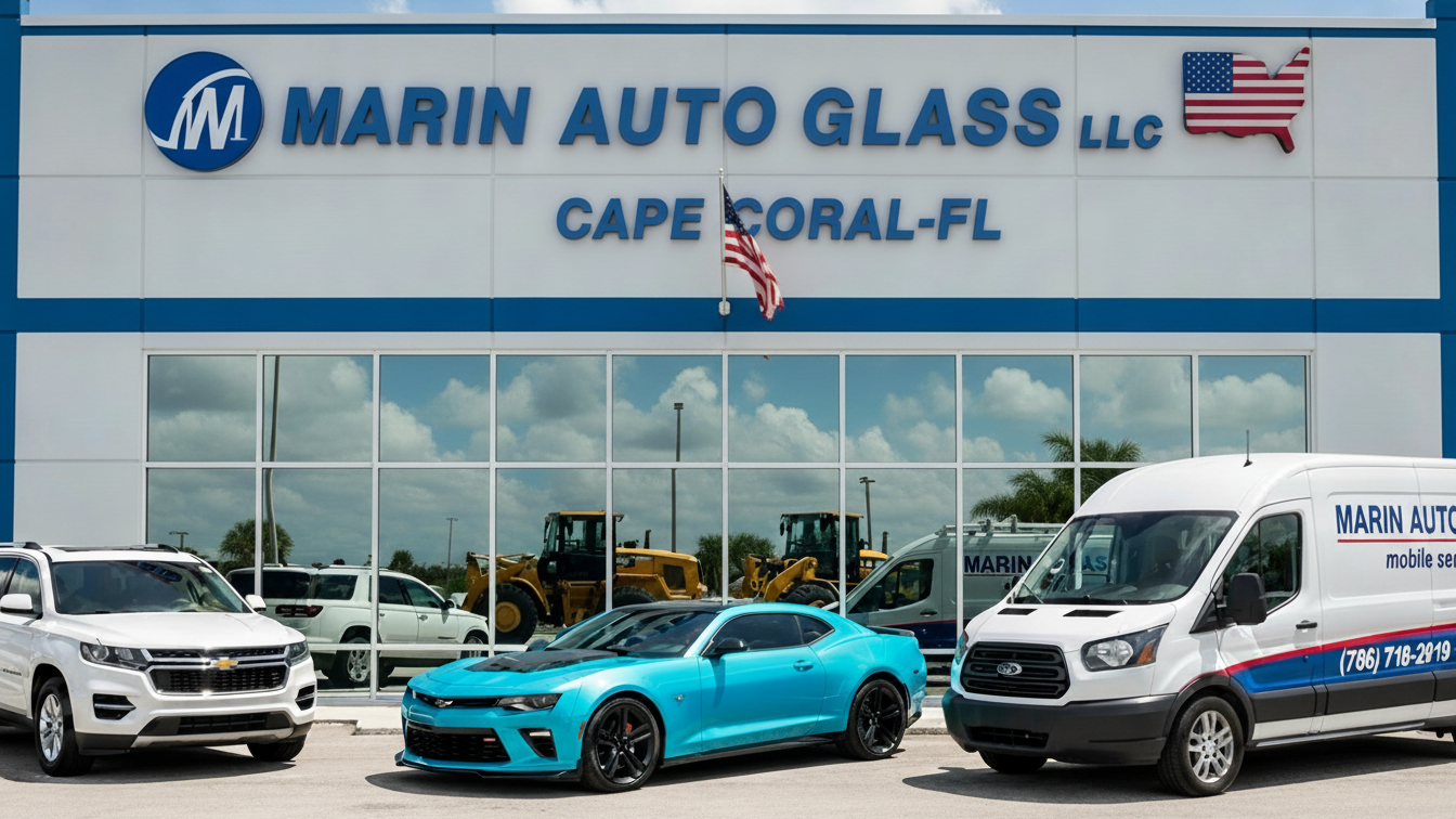 Exterior view of Marin Auto Glass LLC located in Cape Coral, Florida, with various cars and a window repair van parked in front of the business.