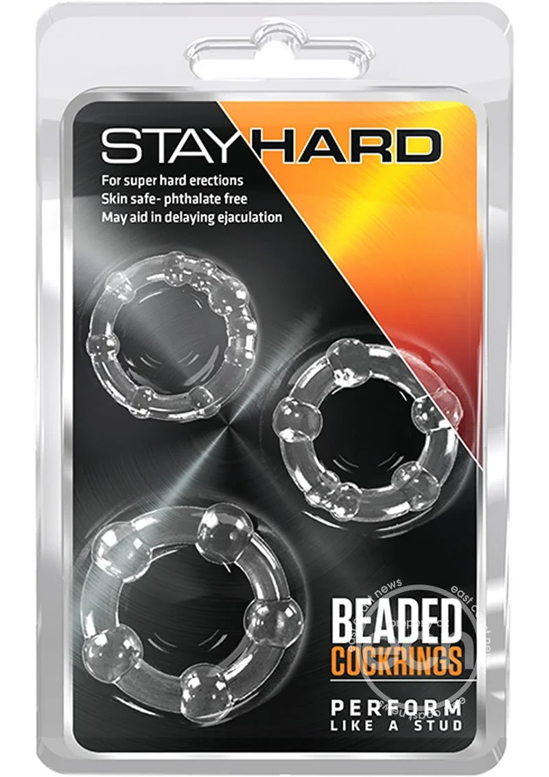 Perform like the stud you are! These Stay Hard Beaded Cock Rings come in 3 sizes, 1.25, 1.3, 1.5 inches, so you can use them individually or all 3 at once. The Small Ring is for maximum erections; Medium Ring is for hard erections; Large Ring can be 