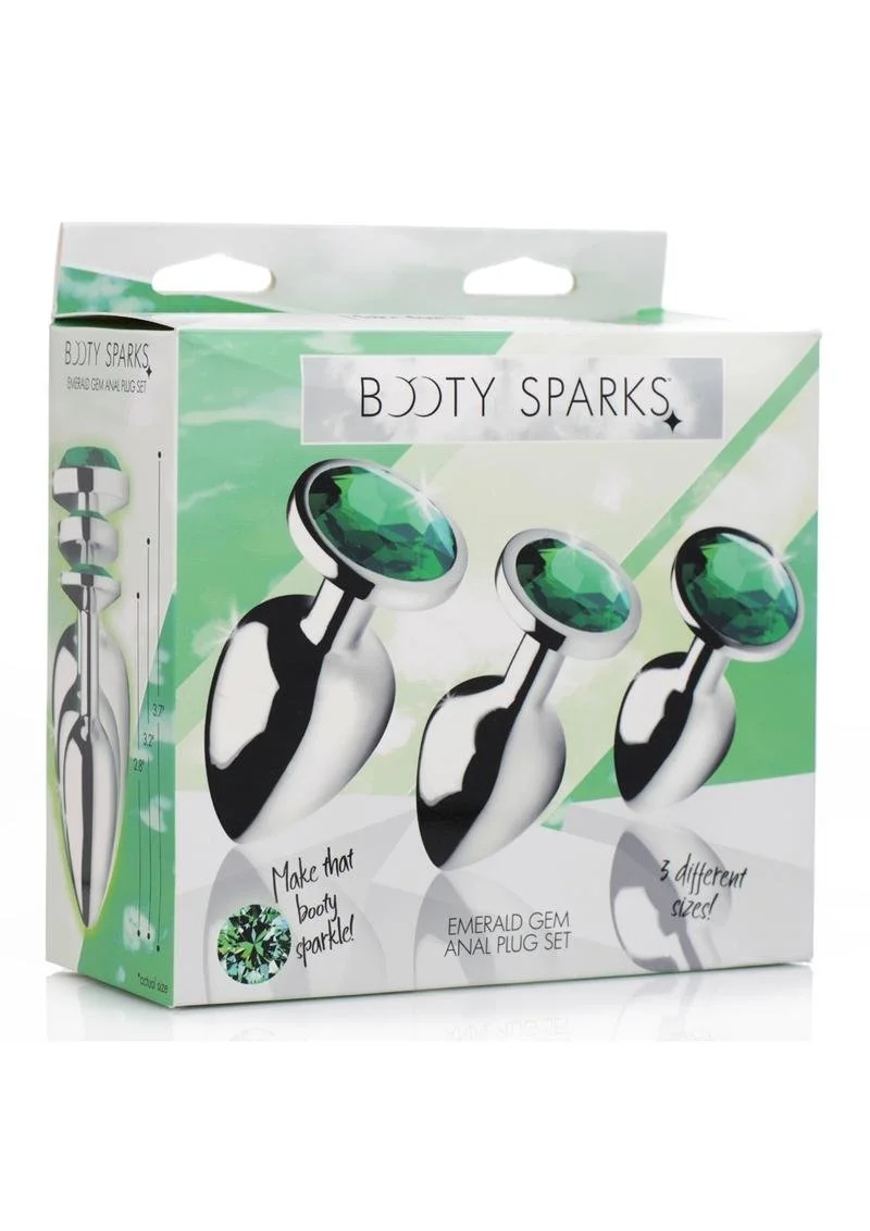 Train that booty with 3 beautiful metal plugs adorned with sparkling emerald gems! Bend over and surprise your partner with a peek of green between your cheeks. Three different plug sizes allow you to take anal play at your own pace, or choose based 
