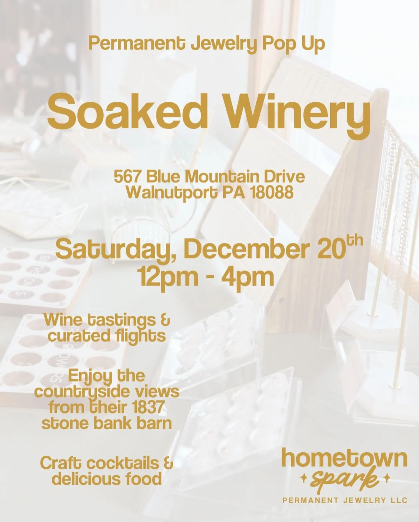 A little holiday cheer, a little Hometown Spark 🎄✨ Join us at @soakedwinery in Walnutport for permanent jewelry + good pours 🍷

December 20 | Soaked Winery | 12:00 - 4:00 PM | 567 Blue Mountain Drive, Walnutport PA 18088 🍇