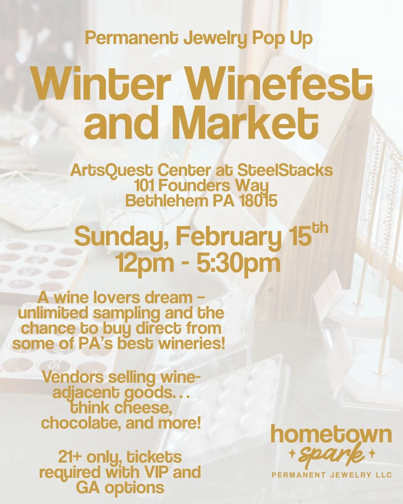 Glitz, grapes, and good times! Catch us at Winter Winefest serving permanent jewelry looks while you sip ✨

February 15 | Winter Winefest and Market | @artsquest_pa Center at SteelStacks | 12:00 - 5:30 PM | 101 Founders Way, Bethlehem PA 18015 🍷