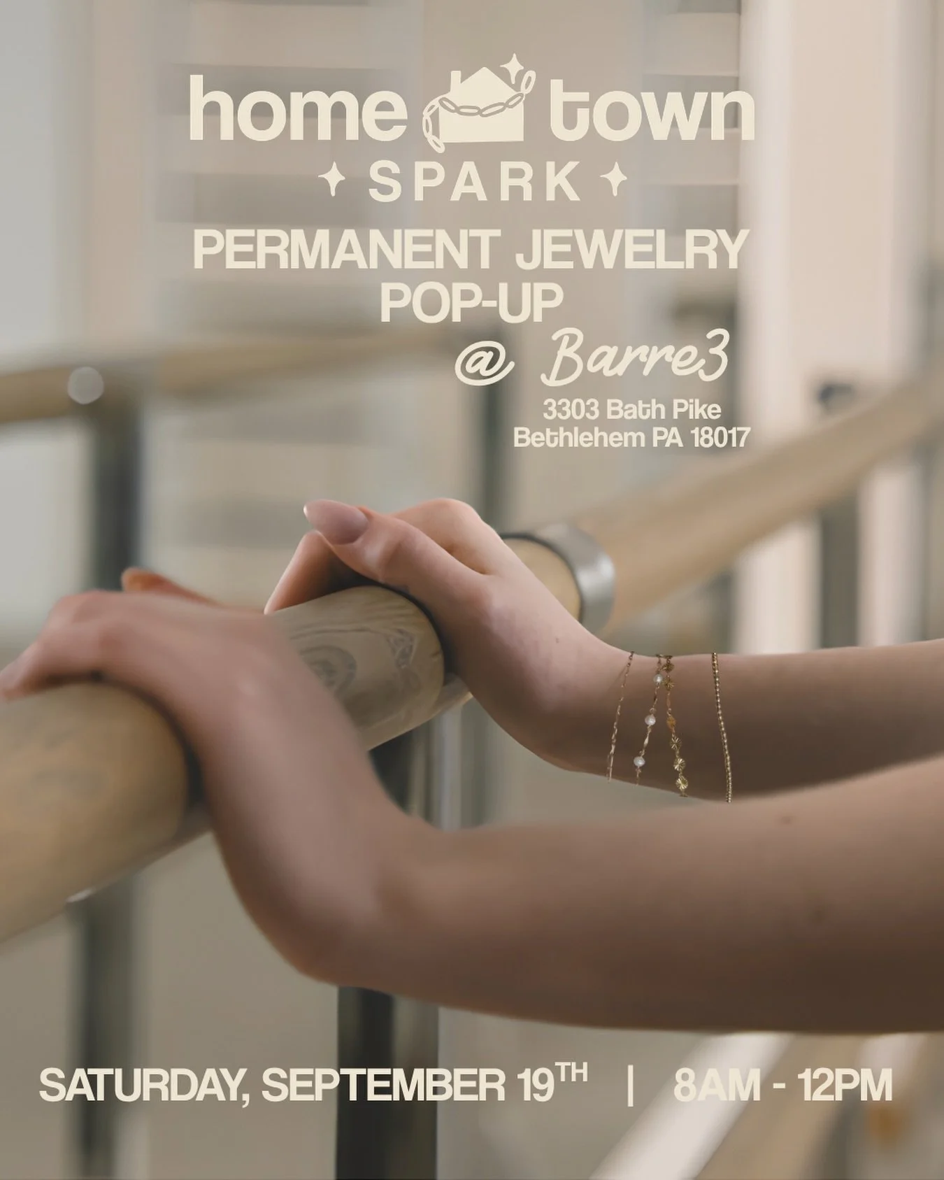 Barre 3 Bethlehem x Hometown Spark!! 

Hometown Spark is SO excited to be partnering with Barre3 Bethlehem for a pop-up on Saturday, September 19th from 8AM&ndash;12PM! Add a little sparkle to your Saturday sweat session with your local permanent jew