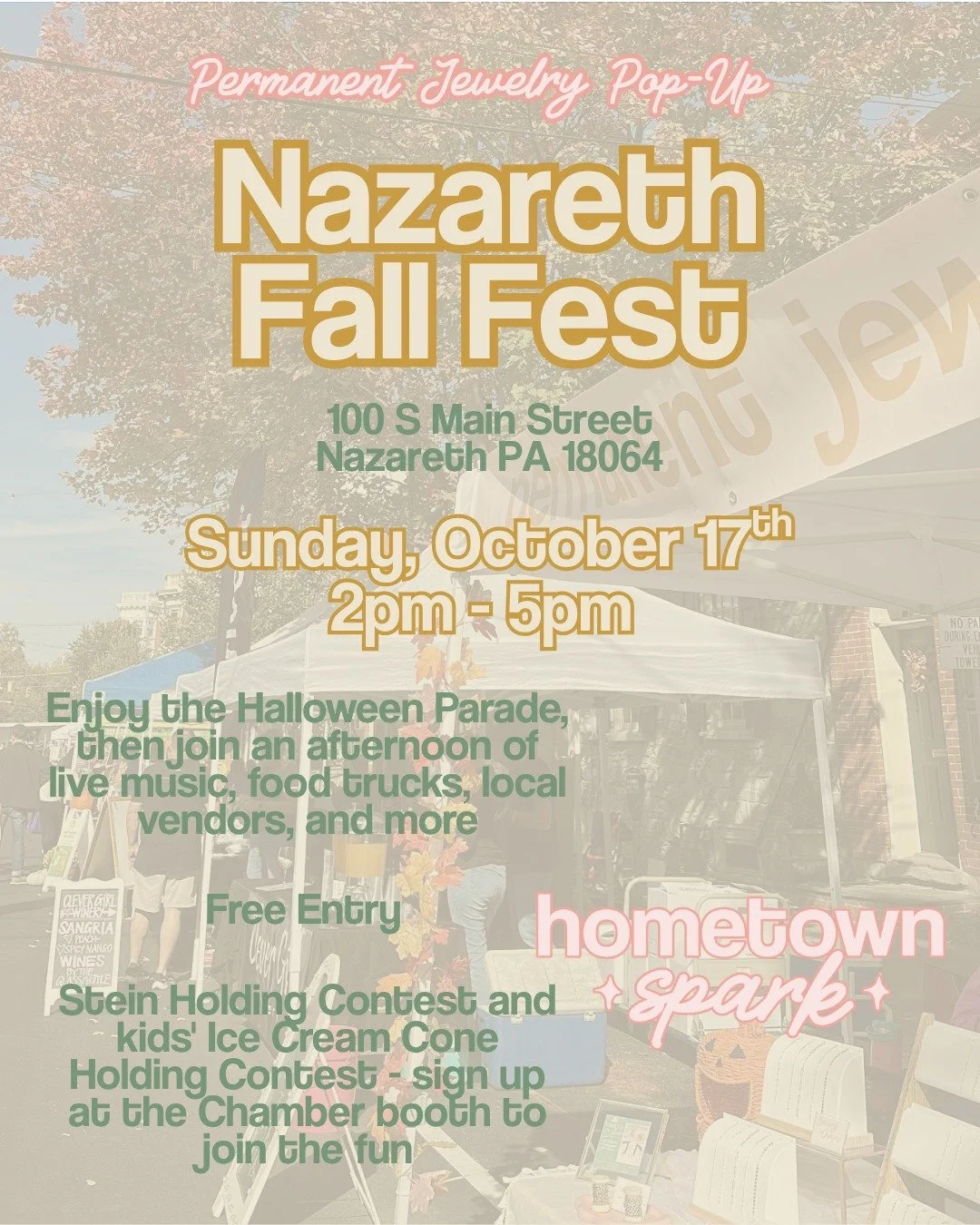Nazareth Fall Fest is almost here! 🍂

Join us on Main Street in Nazareth on Sunday, October 17th from 2&ndash;5pm, immediately following the Halloween Parade! Test your strength with the stein-holding or cone-holding competition, shop local business