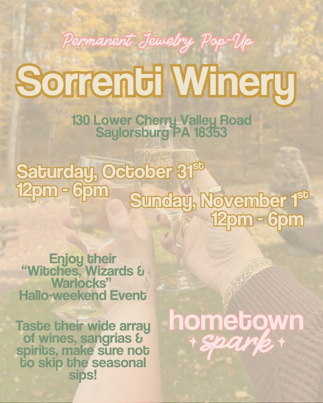 Just one week until an enchanted Hallo-weekend spent sipping and sparking at @sorrentifamilyestate 🔮

Catch us on the veranda October 31st and November 1st from 12-6PM with our selection of permanent jewelry chains, charms and connectors to add the 