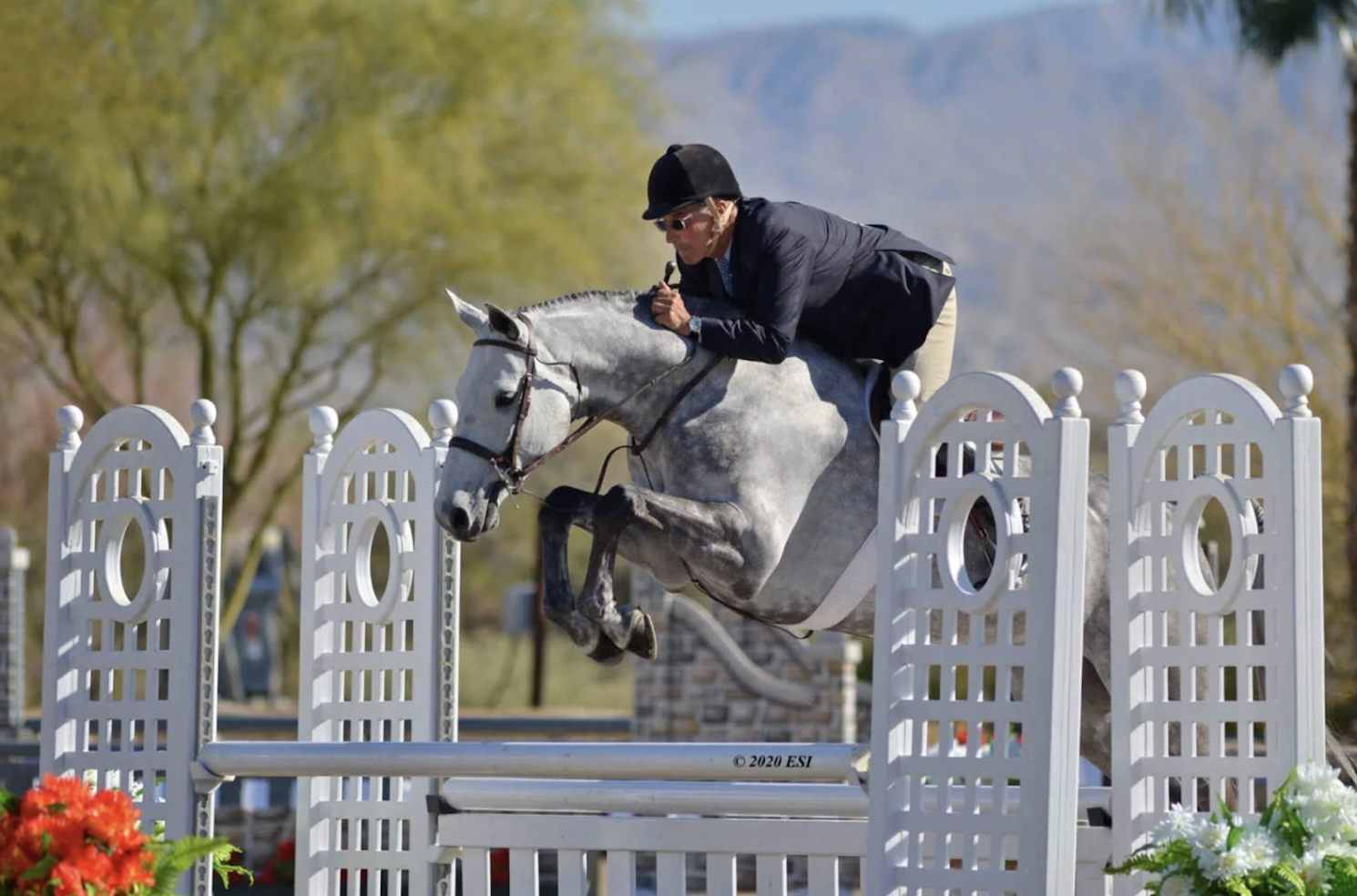 A male equestrian in a black helmet and dark jacket jumping over a white obstacle on a gray horse in an outdoor setting with trees in the background.