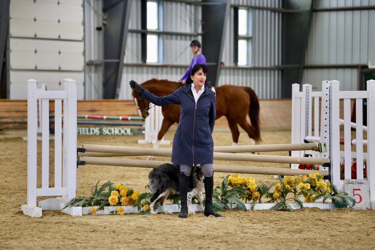 A woman is standing in an indoor equestrian arena with a dog and is gesturing while instructing. A rider on a brown horse is visible in the background.