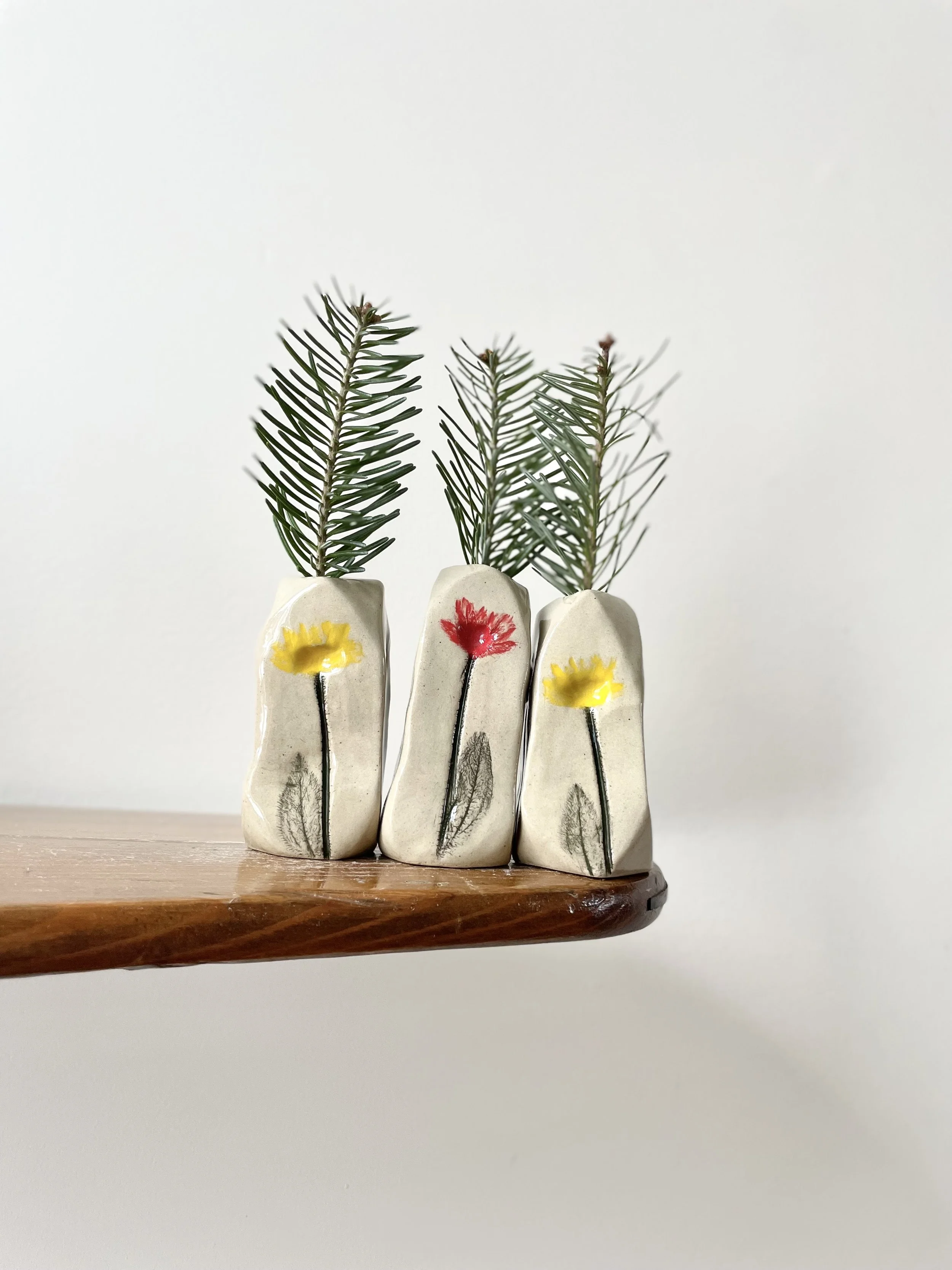 Tiny hand pressed wildflower Boulder Vase, gloss