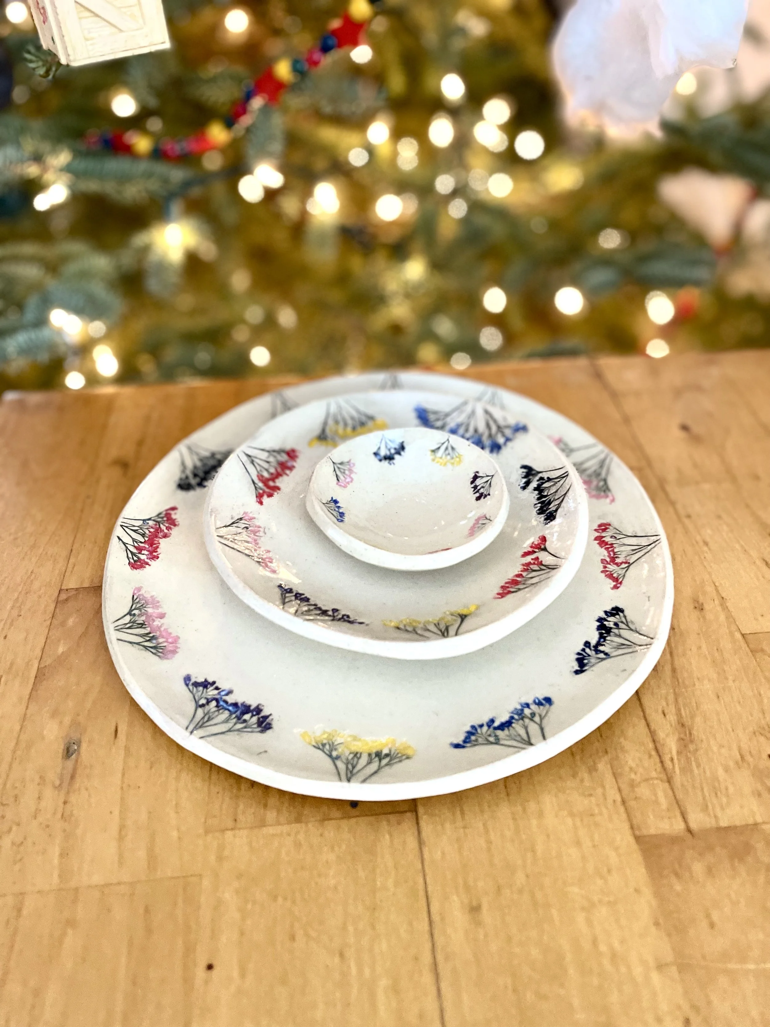 Hand pressed wildflower dishes in gloss