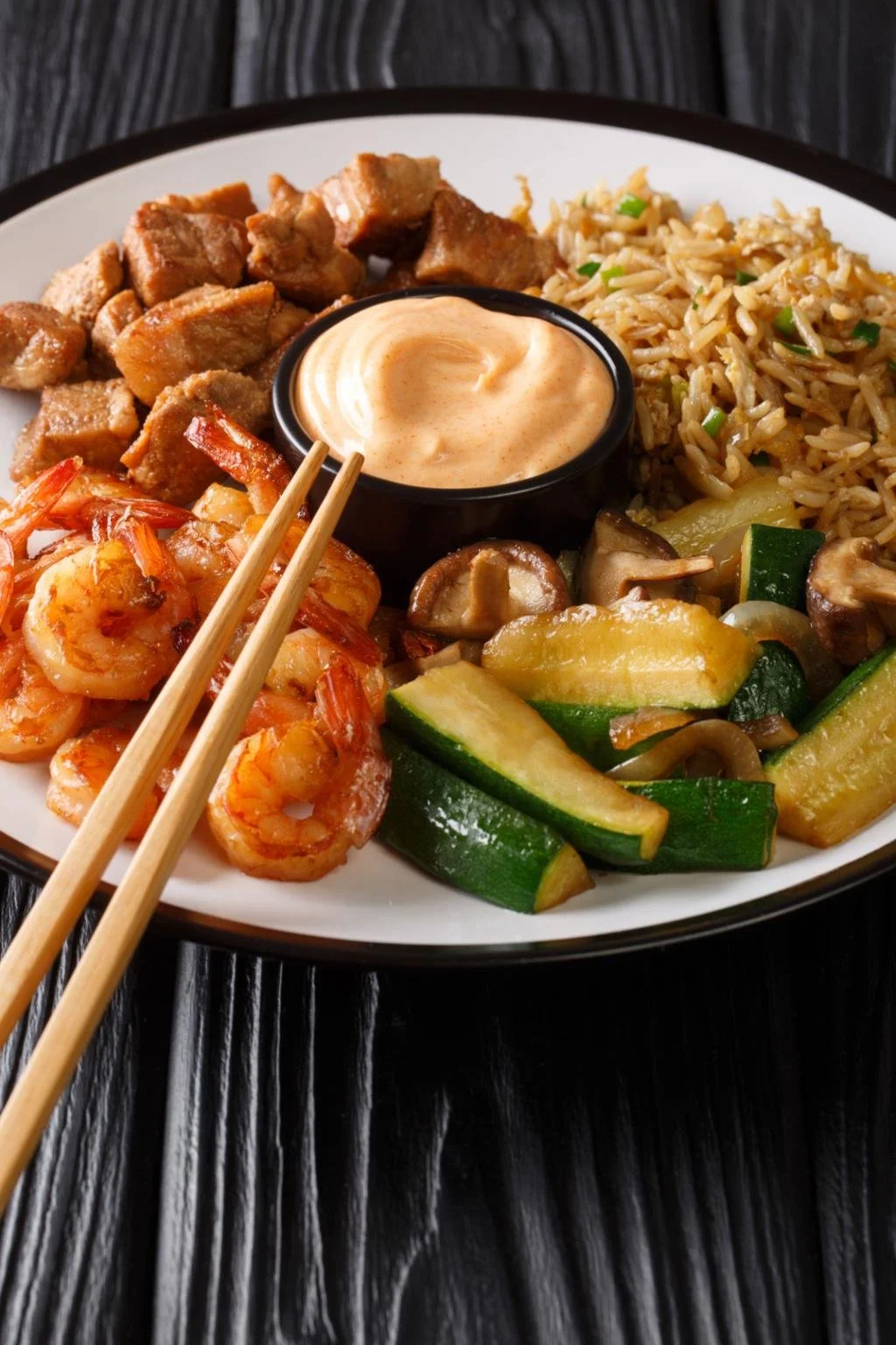 Chicken teriyaki fried rice served hot with vegetables in Japanese style