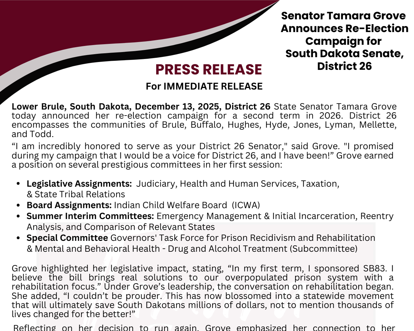 Senator Tamara R Grove to Run for Re-Election