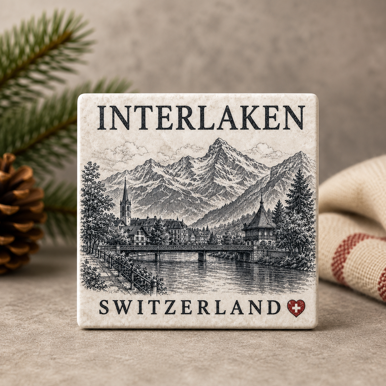 Interlaken Black and white Ceramic Coaster