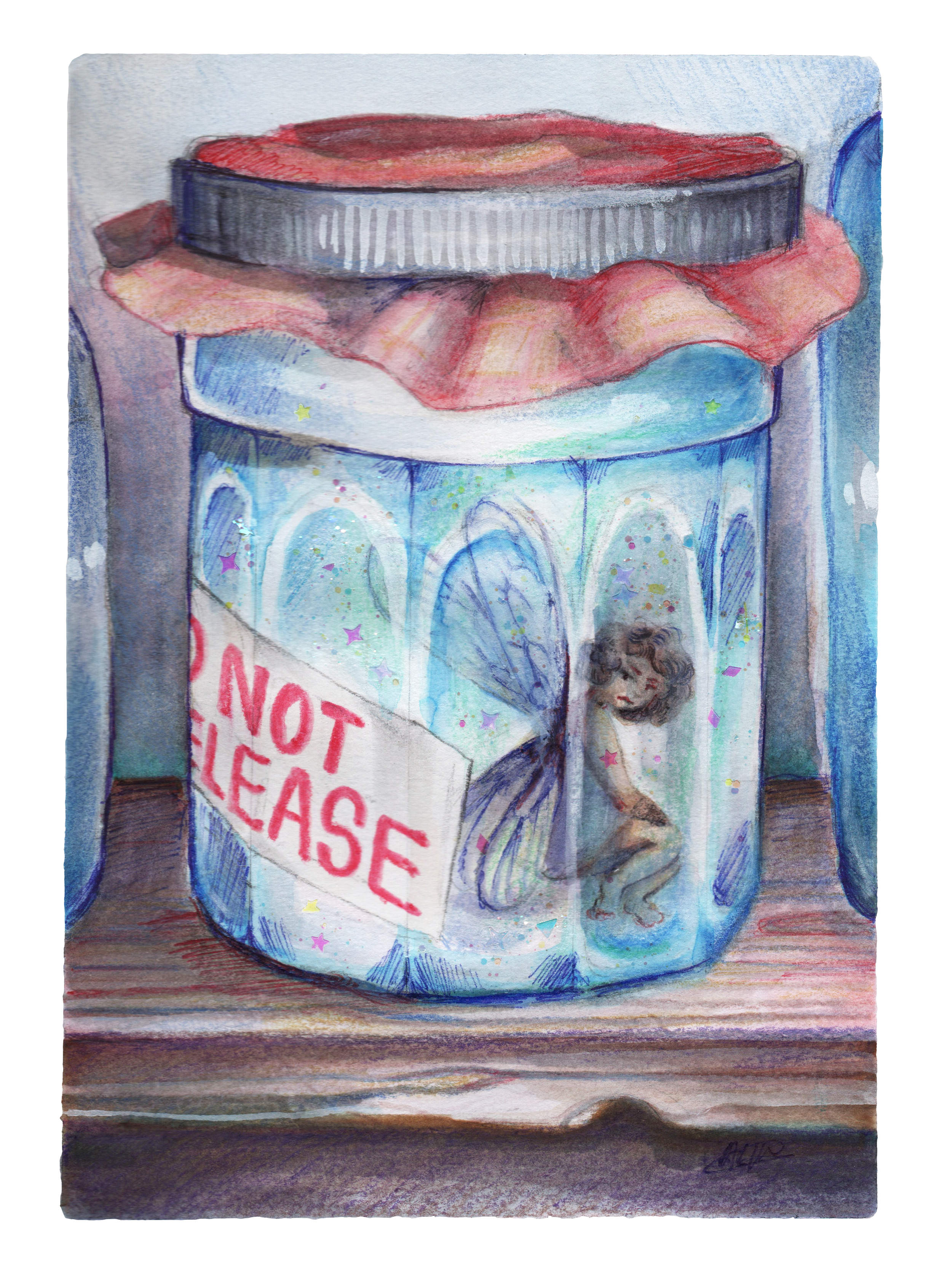 "Do Not Release" - 2026 | 7" x 5" | Watercolor, Crayola washable markers, ballpoint pen, colored pencil, glitter glue, glitter