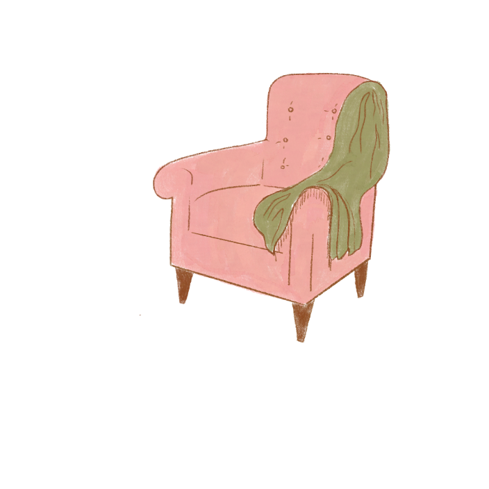 Illustration of a pink armchair with a green blanket draped over one armrest.