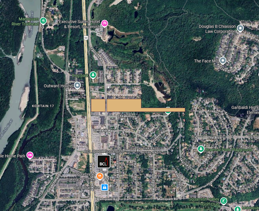 Satellite map showing a neighborhood with roads, parks, and buildings, including Mamquam River Trailhead, Braemar Park Playground, and Squamish Valley Golf Club, with a highlighted area along Garibaldi Way.